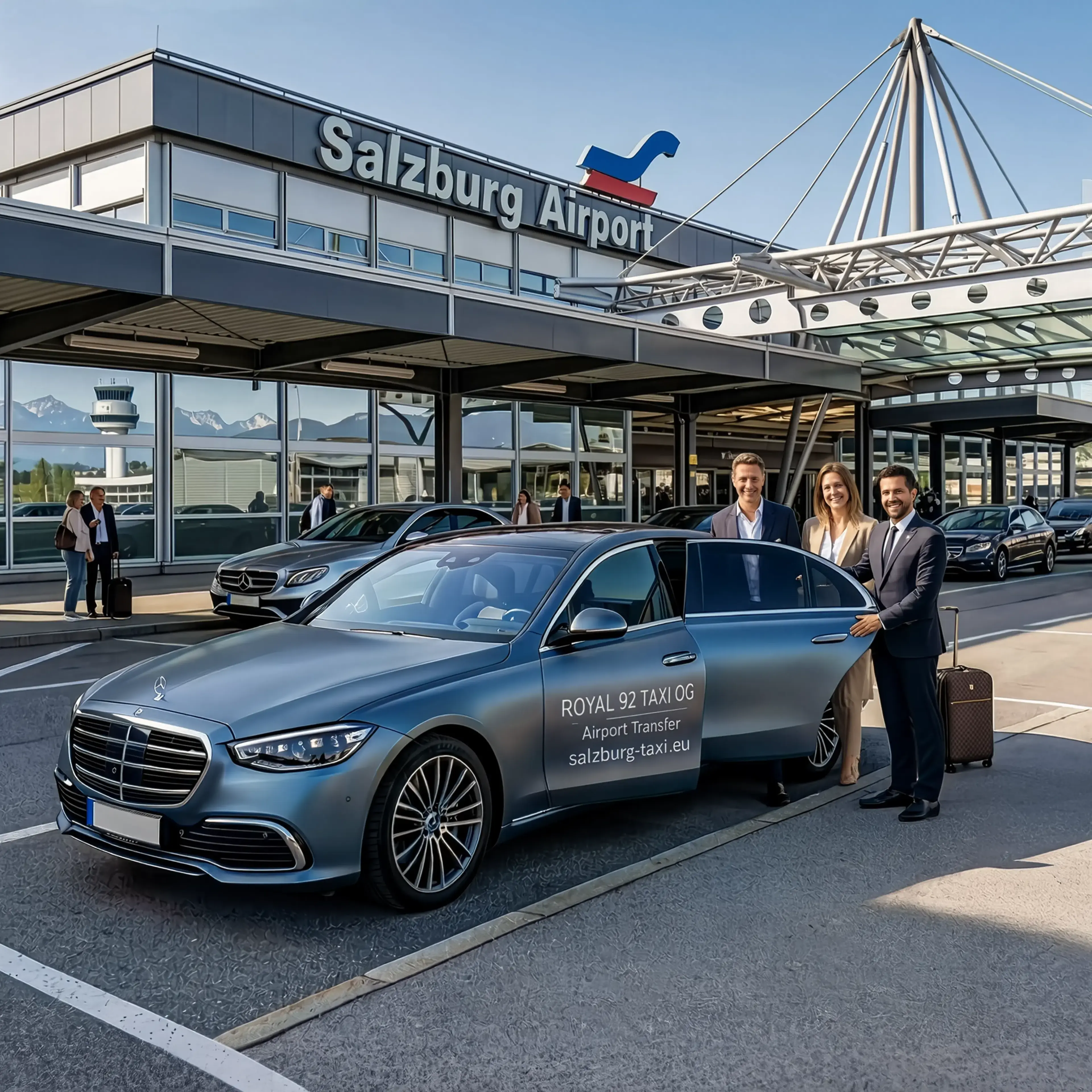Private Salzburg Airport transfer chauffeur opening a Mercedes taxi door for two passengers with luggage outside the terminal