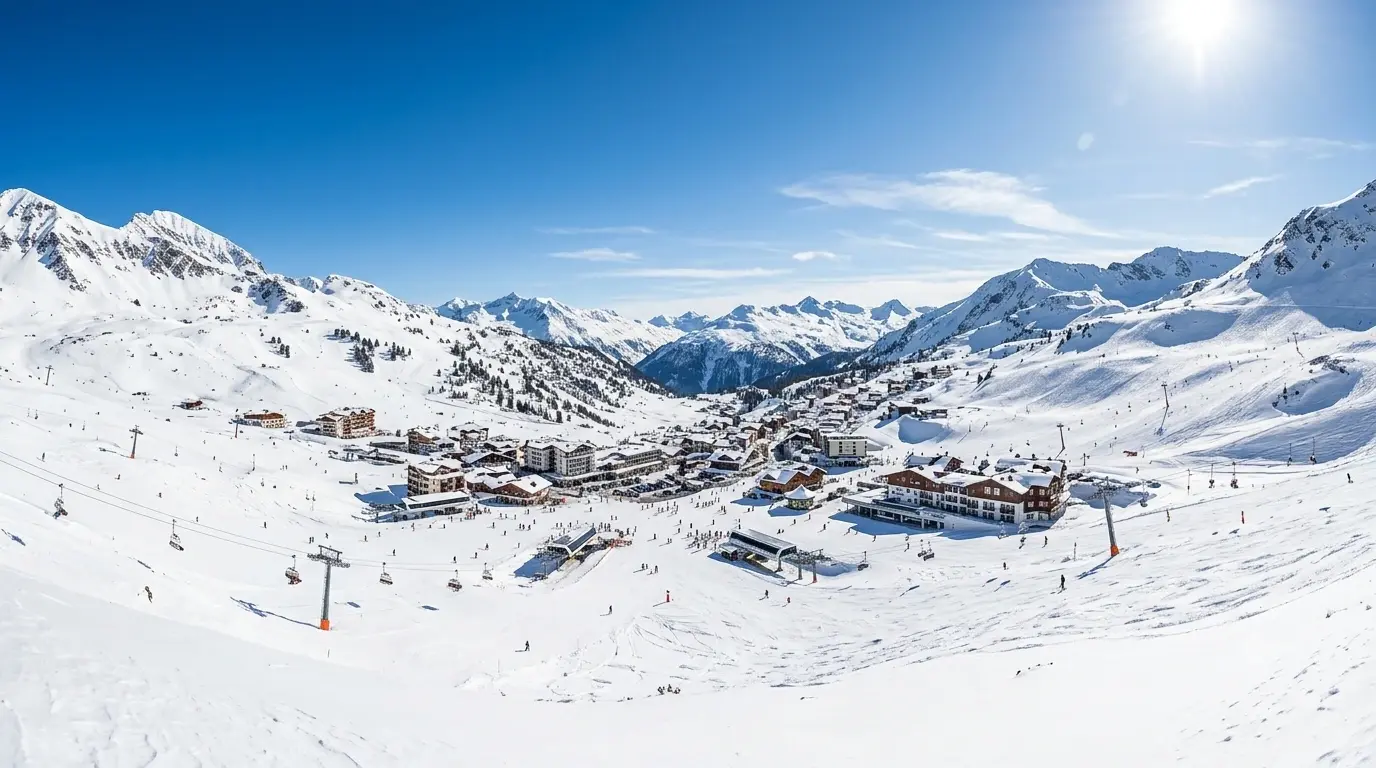 Salzburg Airport to Obertauern private ski transfer Snow-covered Obertauern ski resort village, pistes and lifts surrounded by high Alpine peaks