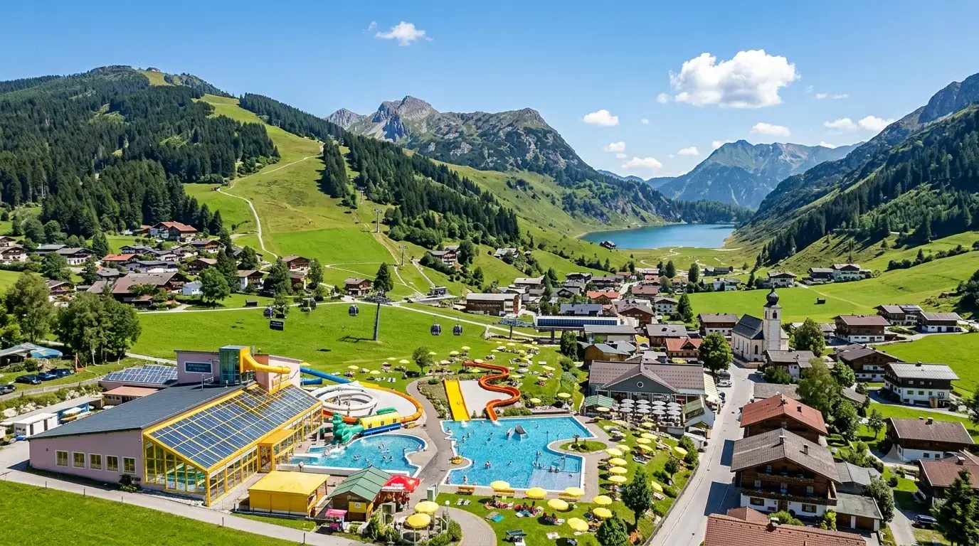 Salzburg Airport to Wagrain private transfer Wagrain Alpine resort with village, church, outdoor pools, ski slopes and a mountain lake